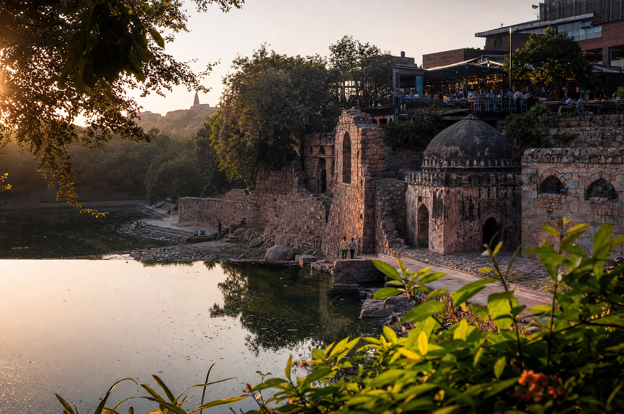 Hauz Khas ruins and lake at golden hour
