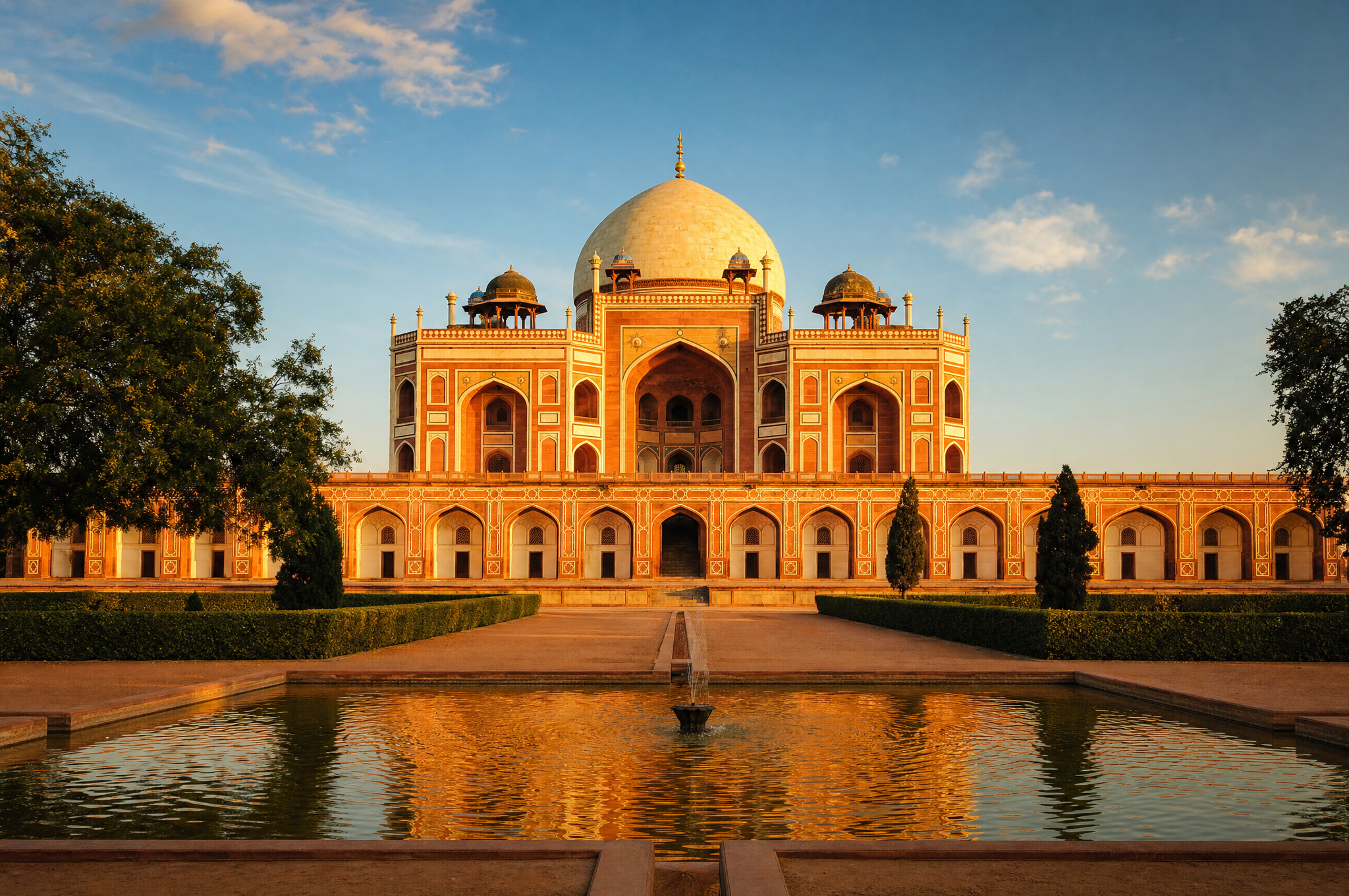 Humayun's Tomb at golden hour with charbagh garden